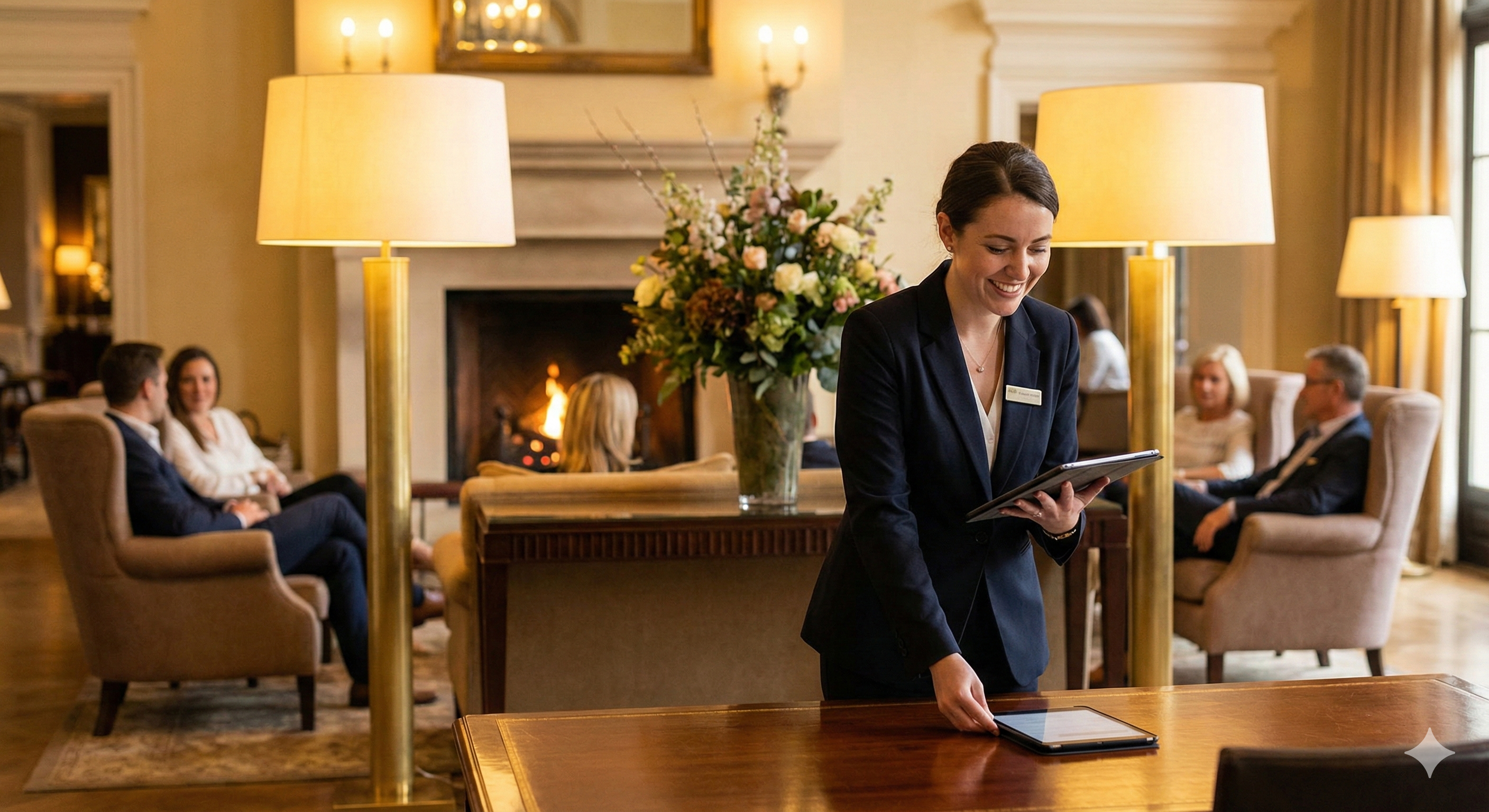 Concierge folosind o tabletă într-un lobby de hotel cald și bine luminat
